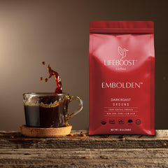 Aromas rise from Lifeboost dark roast coffee, signaling a rich, inviting cup.