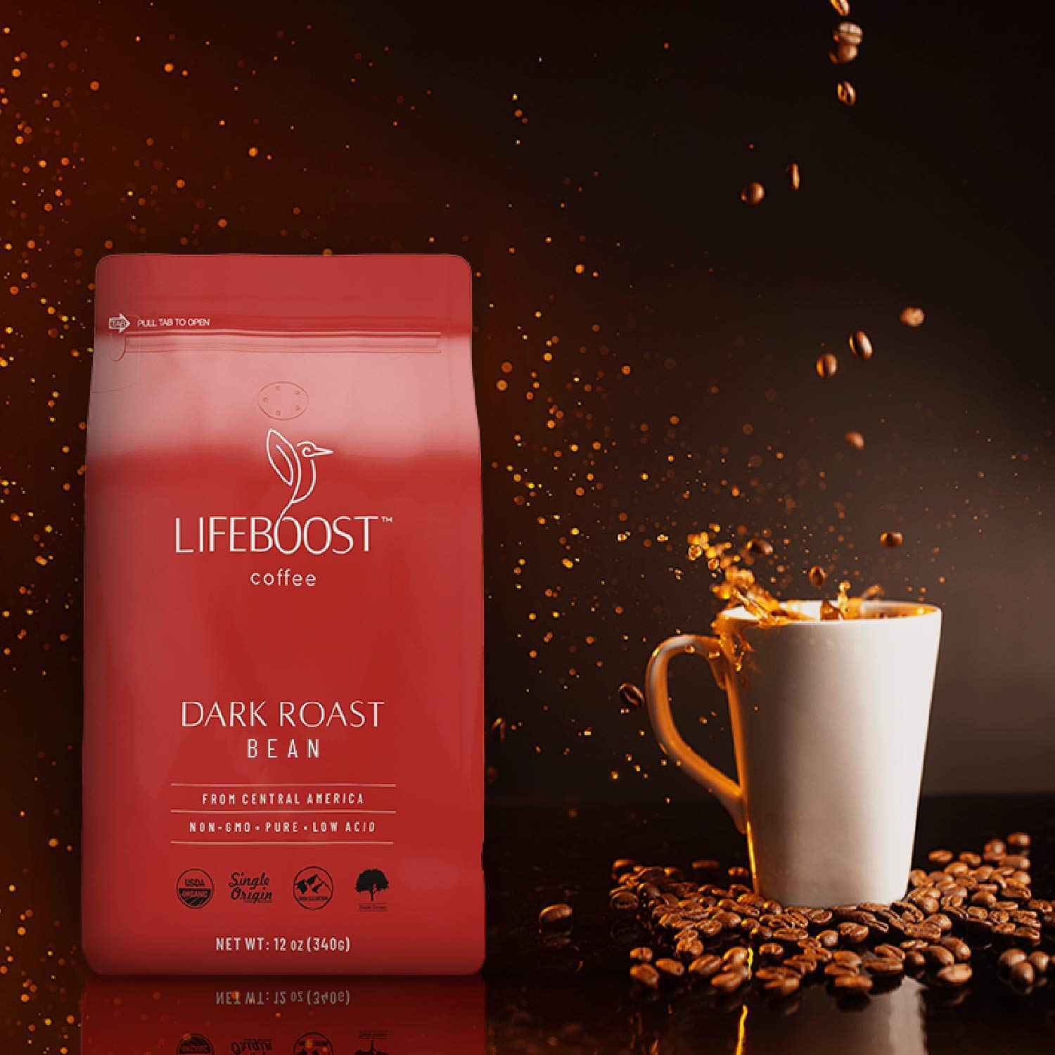 LIFEBOOST dark-roast coffee beans close-up highlighting rich oils and aromatic notes