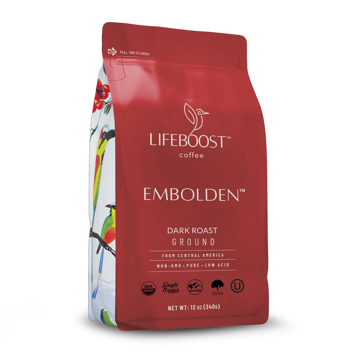 Lifeboost dark roast ground coffee packaging with organic certification.