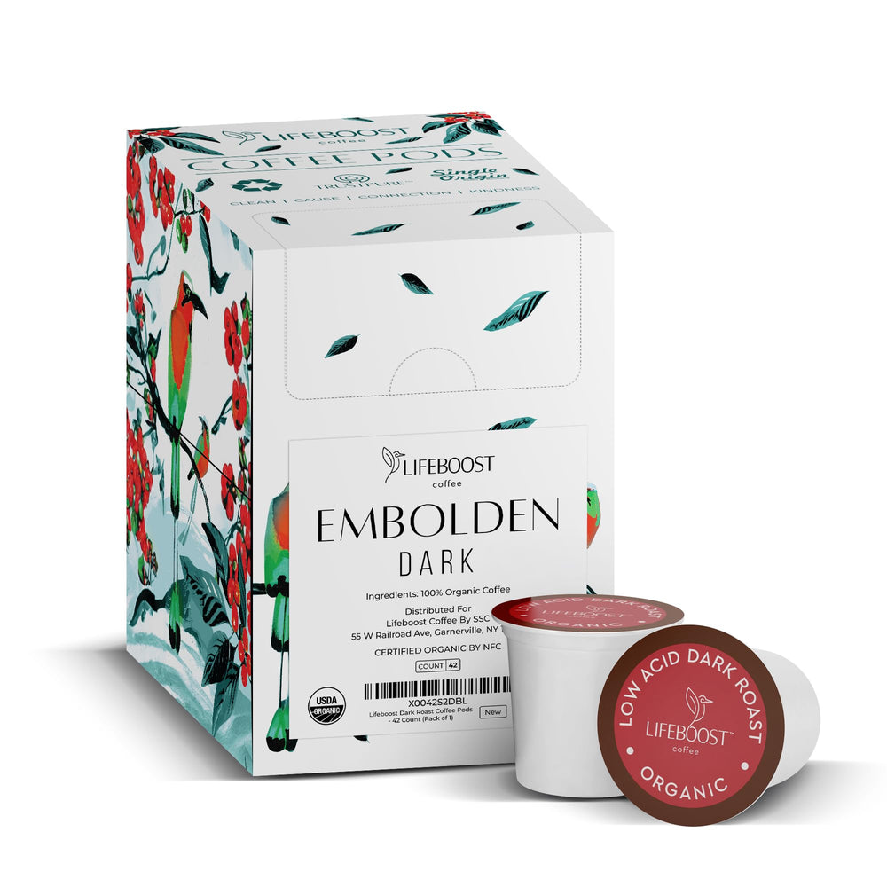 Lifeboost dark roast K-Cup pod on counter for quick, flavorful mornings.