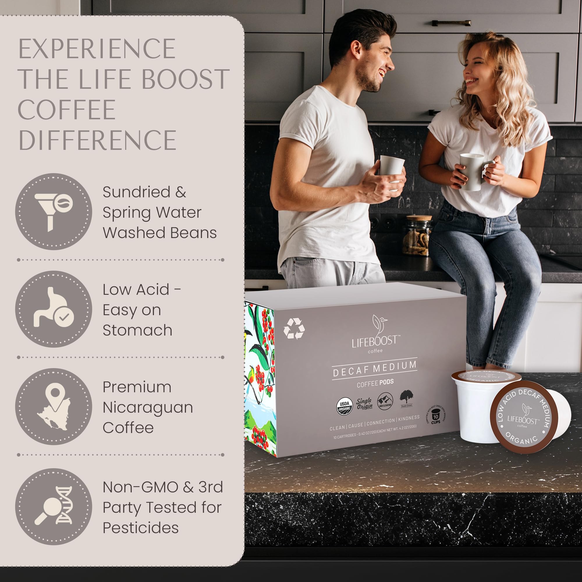 Lifeboost Decaf Coffee K-Cup Morning Cup highlighting smooth, low-acid flavor.