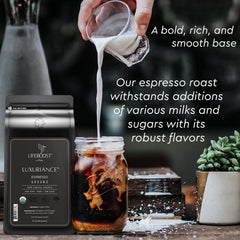 Lifeboost Espresso Ground Coffee bag top view emphasizing shade-grown sourcing