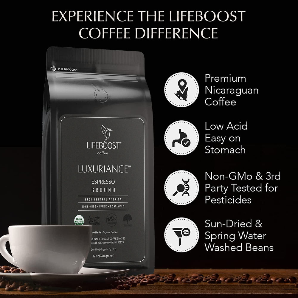 Lifeboost Espresso Ground Coffee beans closeup showing sun-dried, hand-selected quality