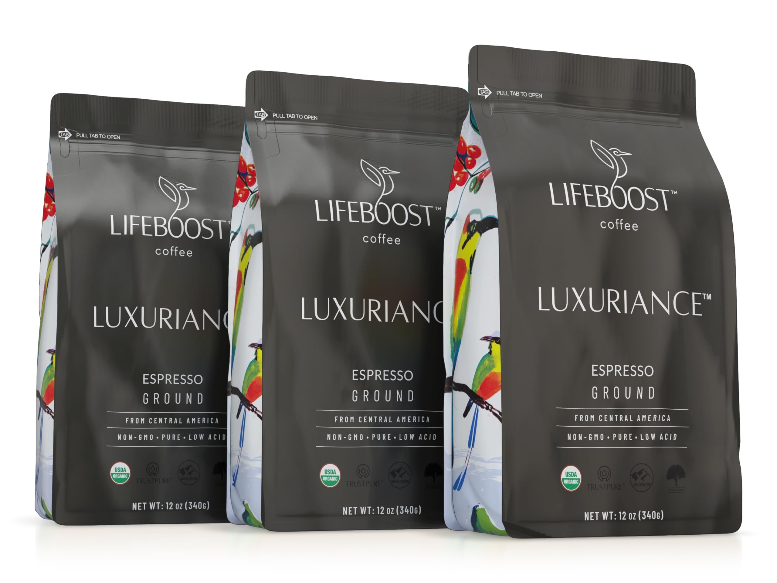 Lifeboost Espresso Ground Coffee pack front view showing organic, low-acid espresso option