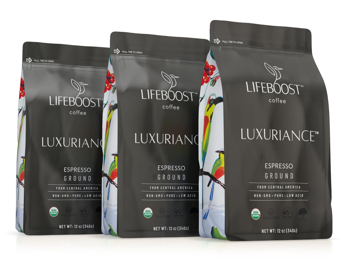 Lifeboost Espresso Ground Coffee pack front view showing organic, low-acid espresso option
