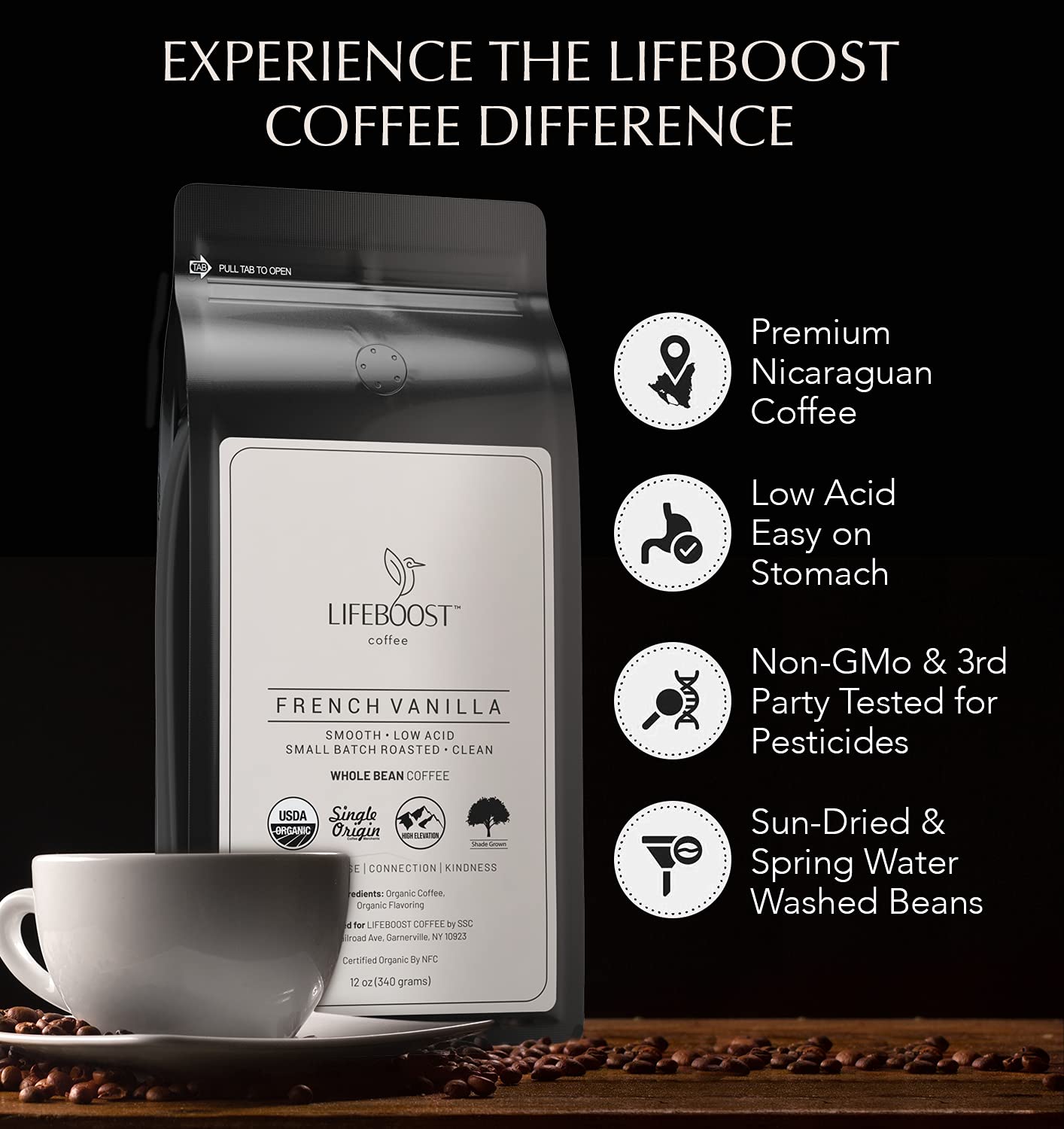 Lifeboost French Vanilla aroma mug image communicates inviting fragrance and flavorful cup.