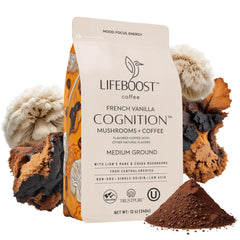 LifeBoost French Vanilla Cognition Coffee bag with smooth, low-acid grounds for gentle mornings.