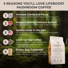LifeBoost Cognition Coffee cup steaming, showcasing vanilla aroma and focus-friendly presentation.