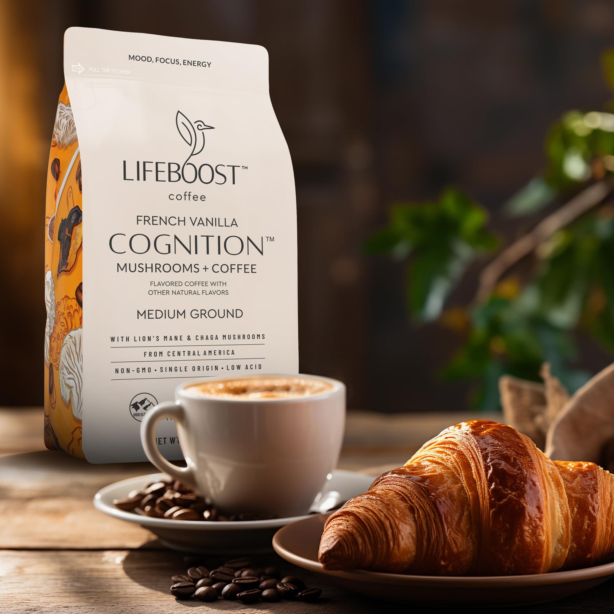 LifeBoost French Vanilla Cognition Coffee ground bag close-up highlighting medium roast.