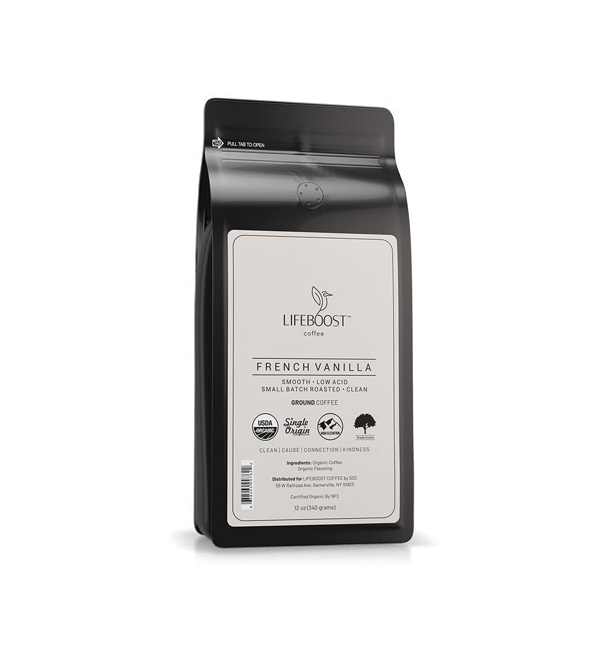 Lifeboost French Vanilla ground coffee bag label shows organic certification and flavor