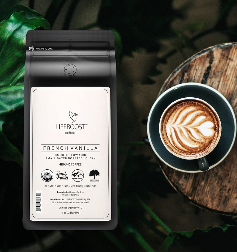 Lifeboost French Vanilla ground coffee beans ready for a smooth, low-acid brew