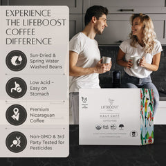 Lifeboost Half Caff pods beside a Keurig brewer for easy use.