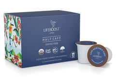 Lifeboost Half Caff packaging highlights a clean, low-acid blend.