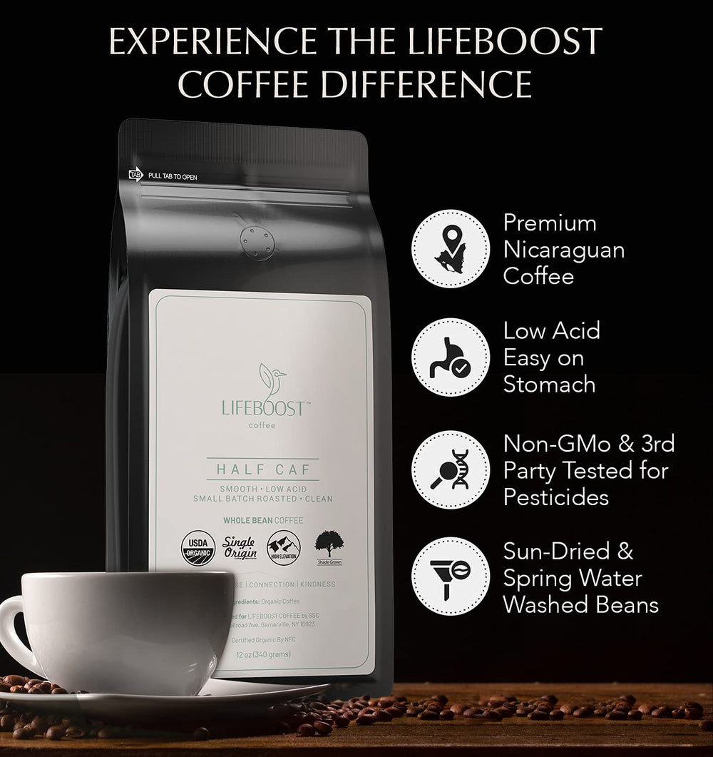 LIFEBOOST Lifeboost half caff cup ready for a balanced, low-acid brew.