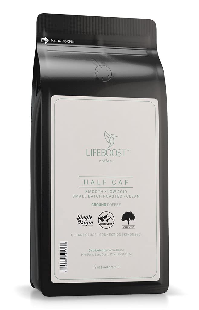 Lifeboost Half Caff coffee bag with cup, highlighting balanced aroma and flavor.