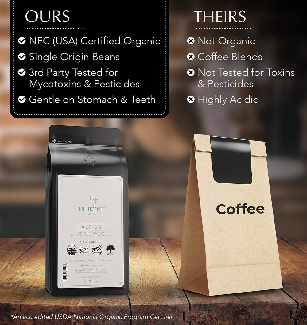 LIFEBOOST Lifeboost half caff organic and non-GMO certified packaging.