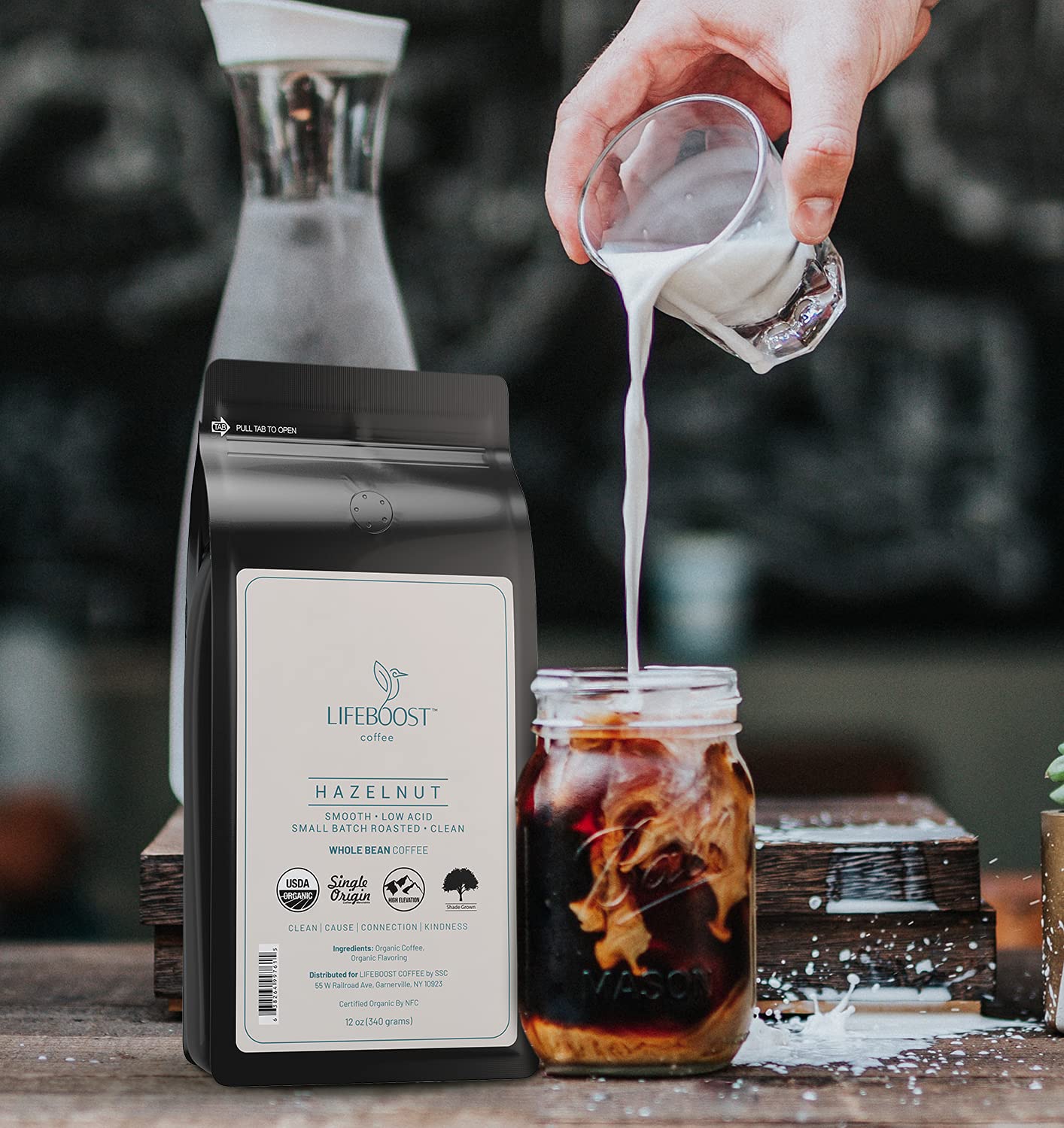 Lifeboost hazelnut brew with smooth crema and low acidity for easy sipping.