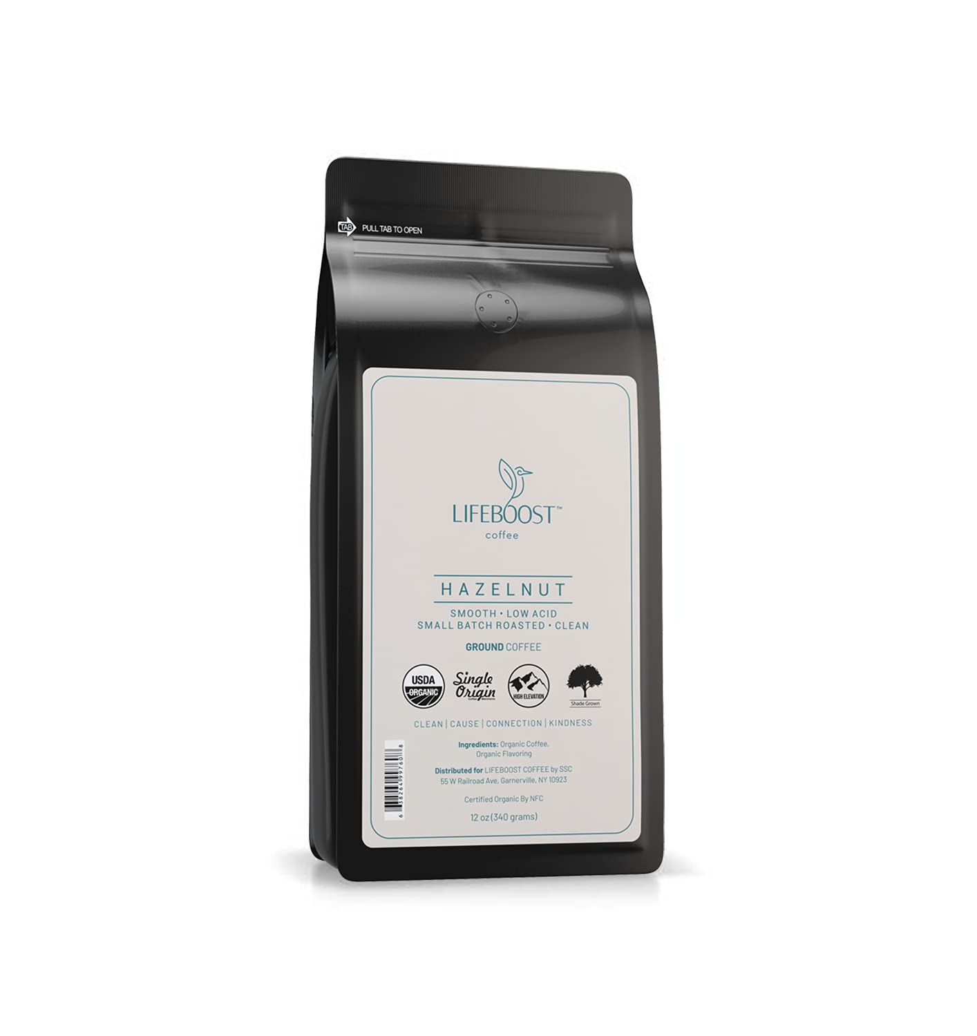 Lifeboost Hazelnut Ground Coffee bag showing organic, single-origin beans