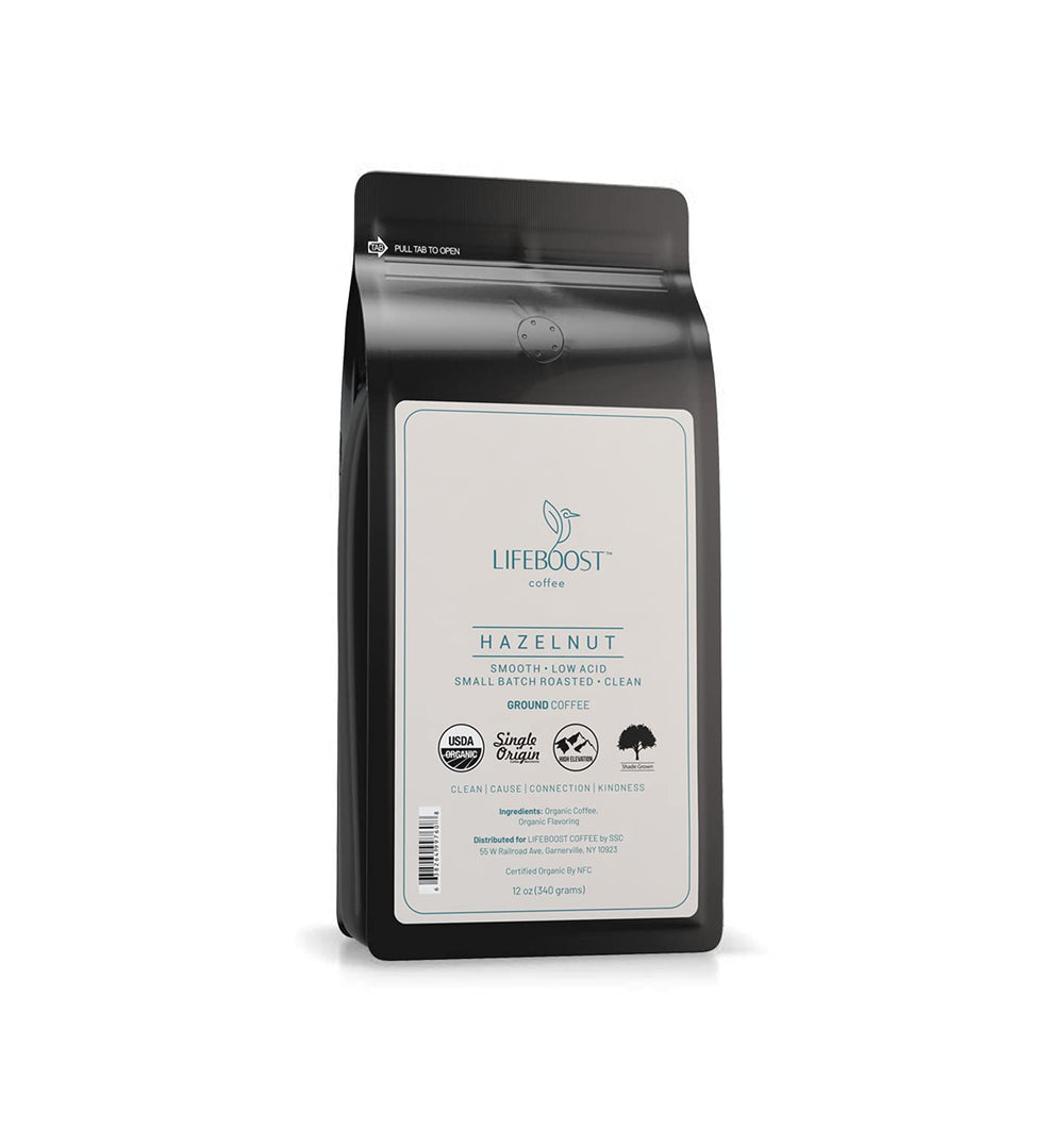 Lifeboost Hazelnut Ground Coffee bag showing organic, single-origin beans
