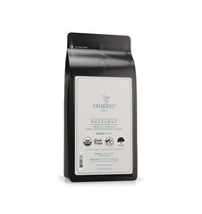 Lifeboost Hazelnut Ground Coffee bag showing organic, single-origin beans
