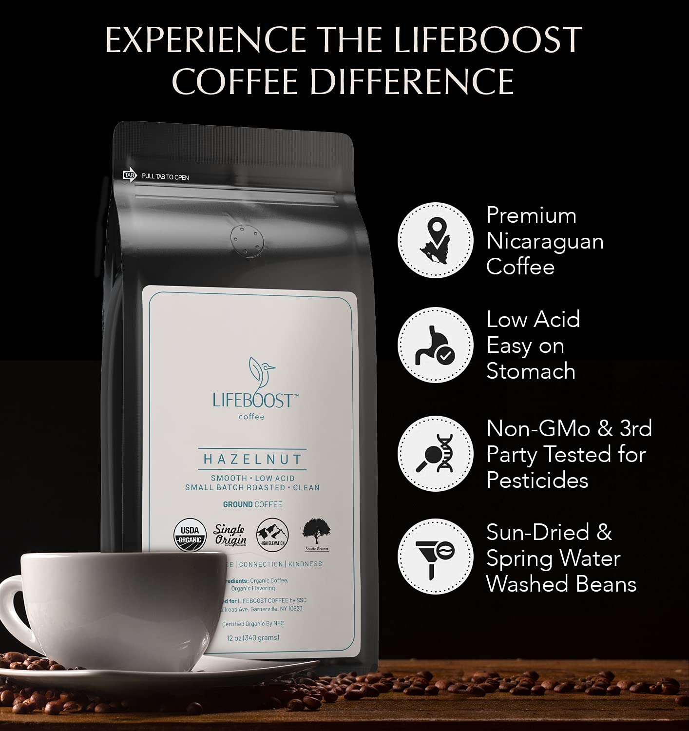Lifeboost Hazelnut Ground Coffee farm imagery showing shade-grown origins