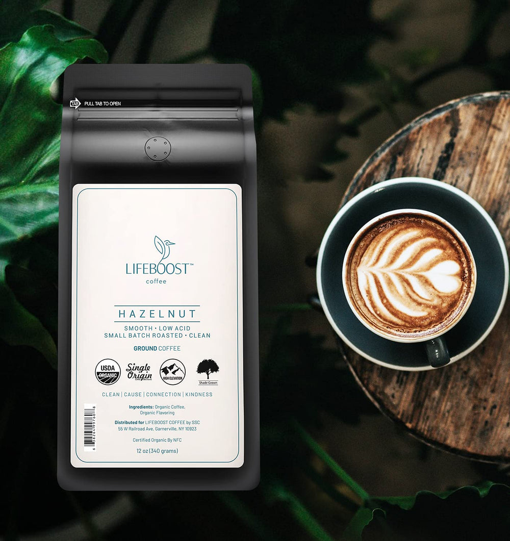 Lifeboost Hazelnut Ground Coffee pour rich aroma ready to brew