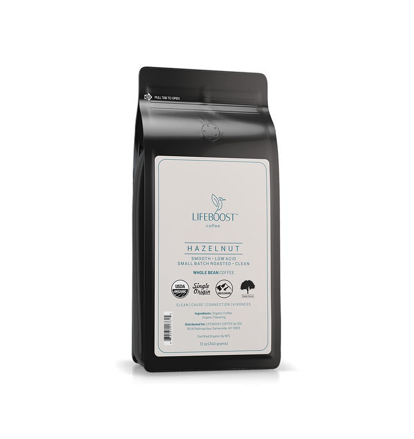 Lifeboost hazelnut whole bean 12oz bag showing balanced flavor for everyday brewing.