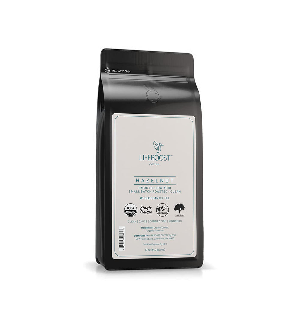 Lifeboost hazelnut whole bean 12oz bag showing balanced flavor for everyday brewing.