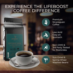 LifeBoost Highlander Grogg aroma steam highlights low-acid brewing benefits.