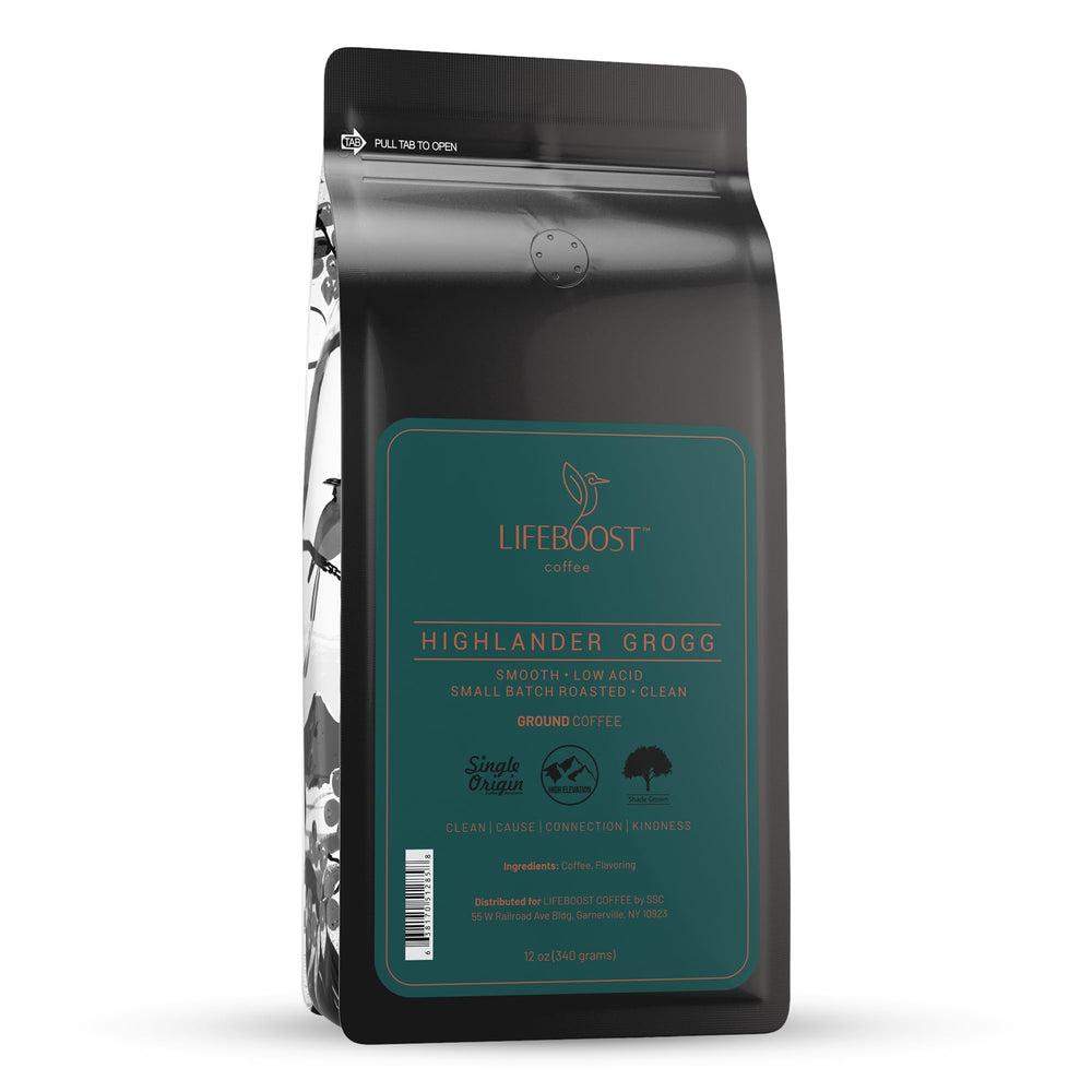 LifeBoost Highlander Grogg coffee pack with rich aroma for a smooth morning ritual.