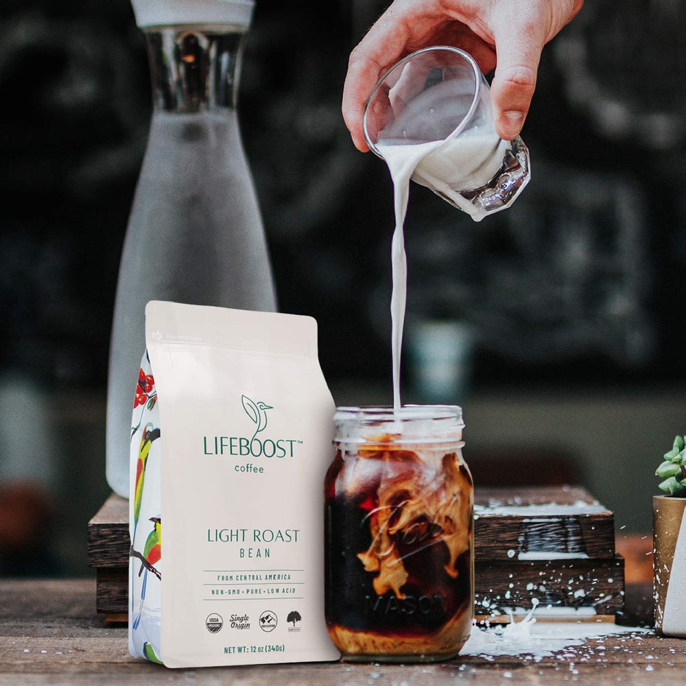 Lifeboost Light Roast coffee beans close-up highlighting single-origin purity for a smooth, flavorful brew