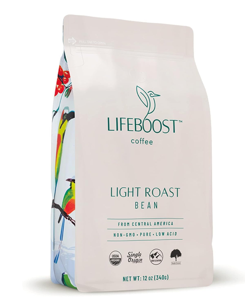 Lifeboost Light Roast ground coffee bag showing organic, low-acid flavor for gentle mornings