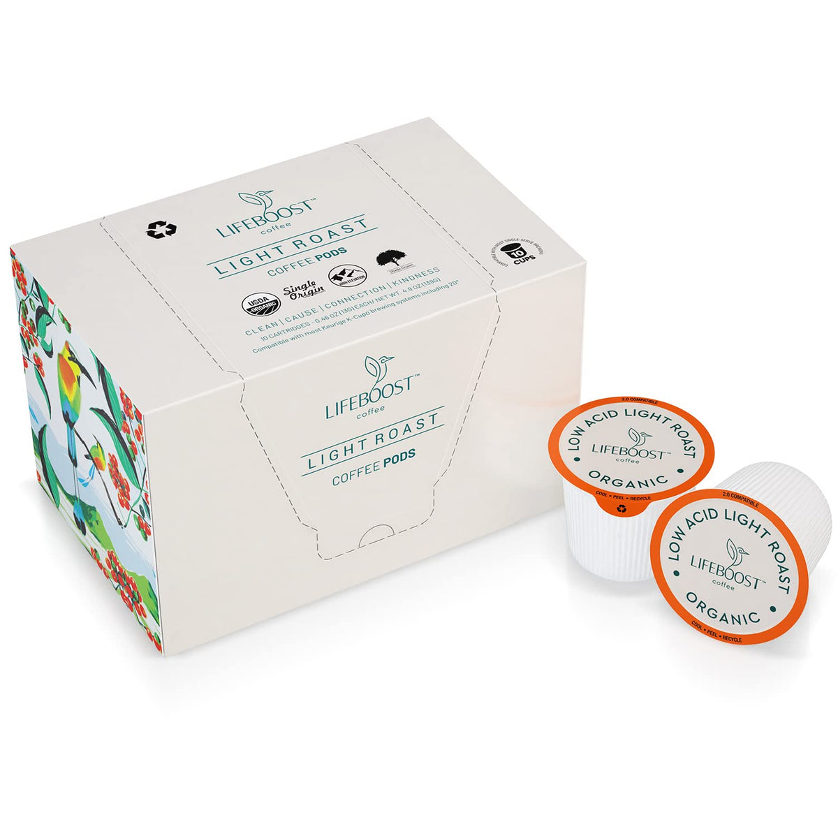 LIFEBOOST light roast coffee pods on box showing smooth, low-acid flavor.