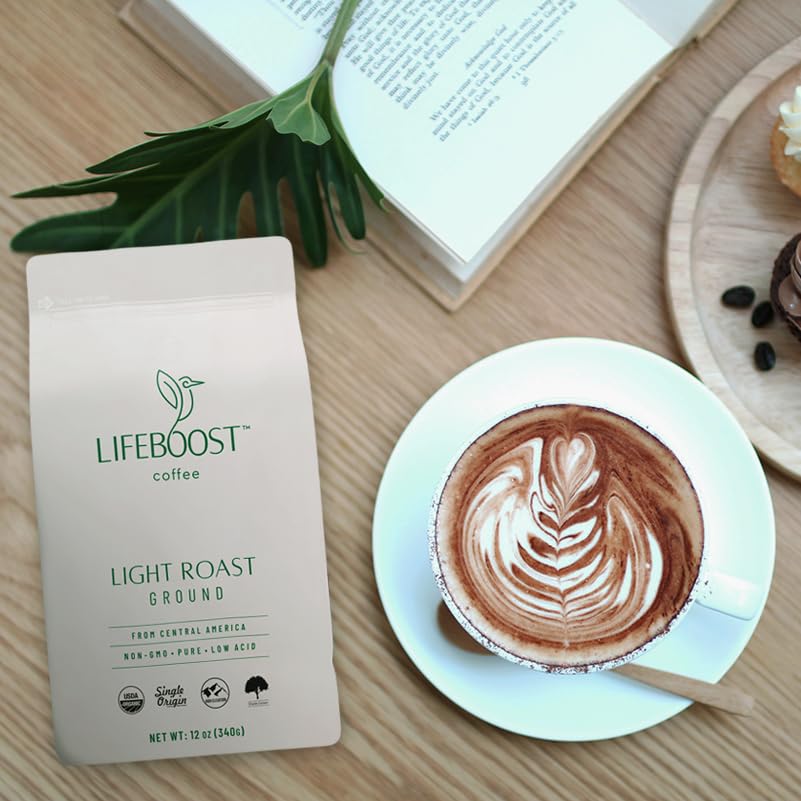 Packaging for Lifeboost light roast ground coffee emphasizing organic, non-GMO quality.