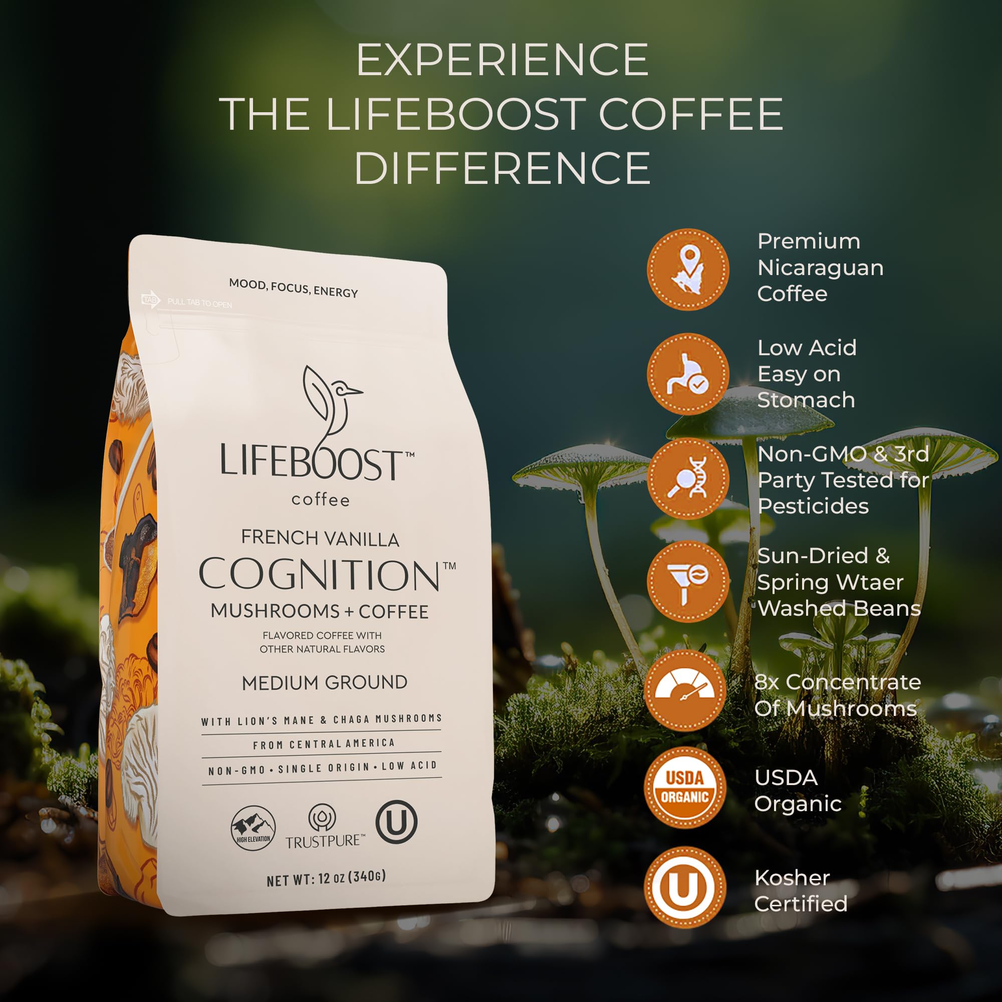 LifeBoost Lions Mane and Chaga mushrooms close-up highlighting adaptogenic ingredients.