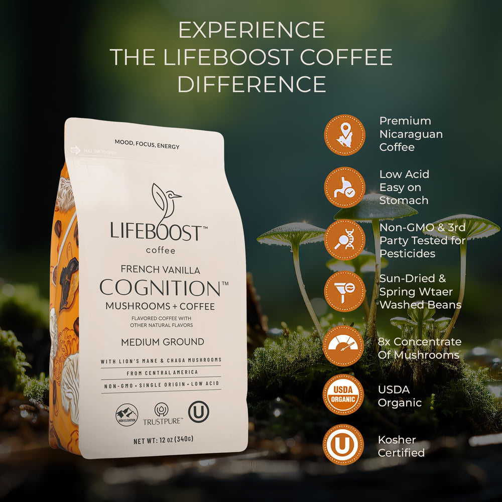 LifeBoost Lions Mane and Chaga mushrooms close-up highlighting adaptogenic ingredients.