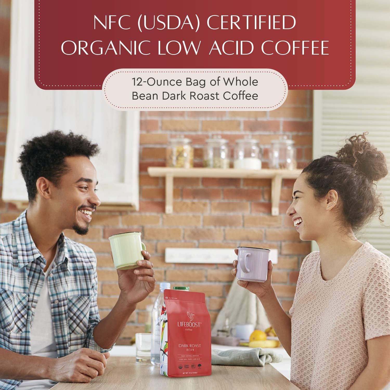 LIFEBOOST low acid dark roast offers a smoother cup for sensitive palates at home