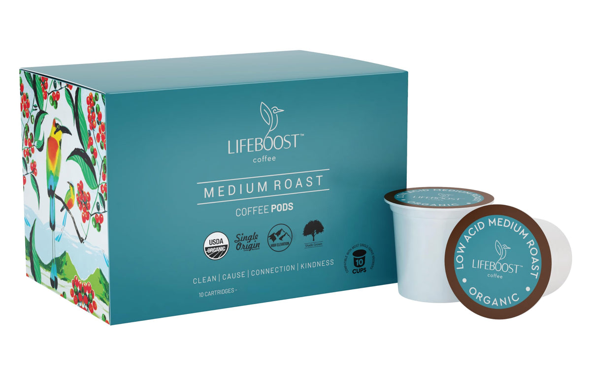 Lifeboost medium roast low acid K-Cups pack—smooth mornings with balanced flavor