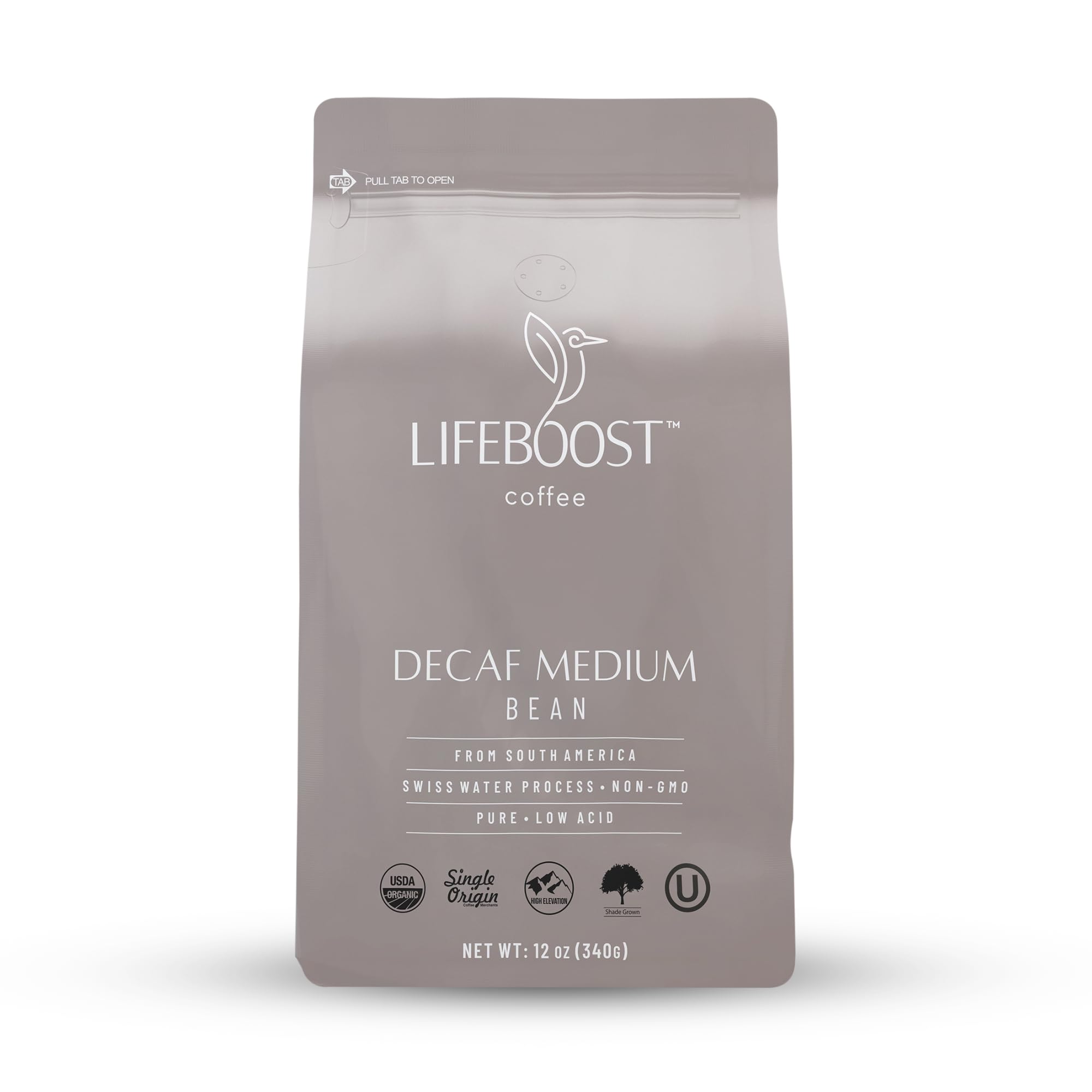 LIFEBOOST medium roast Swiss Water decaf coffee bag emphasizing rich flavor and low acidity