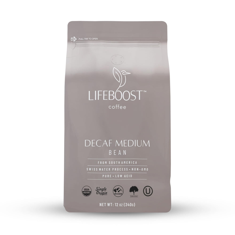 LIFEBOOST medium roast Swiss Water decaf coffee bag emphasizing rich flavor and low acidity