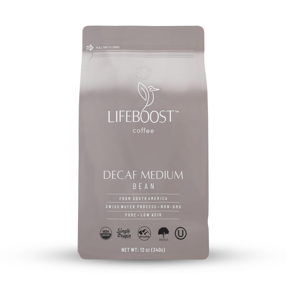 LIFEBOOST medium roast Swiss Water decaf coffee bag emphasizing rich flavor and low acidity