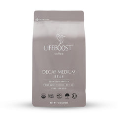LIFEBOOST medium roast Swiss Water decaf coffee bag emphasizing rich flavor and low acidity