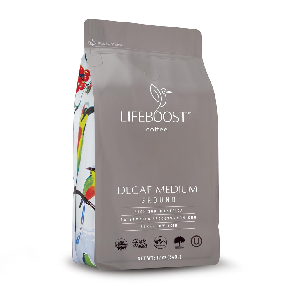 Lifeboost medium roast Swiss Water decaf ground coffee in a 12 oz bag for smooth brewing