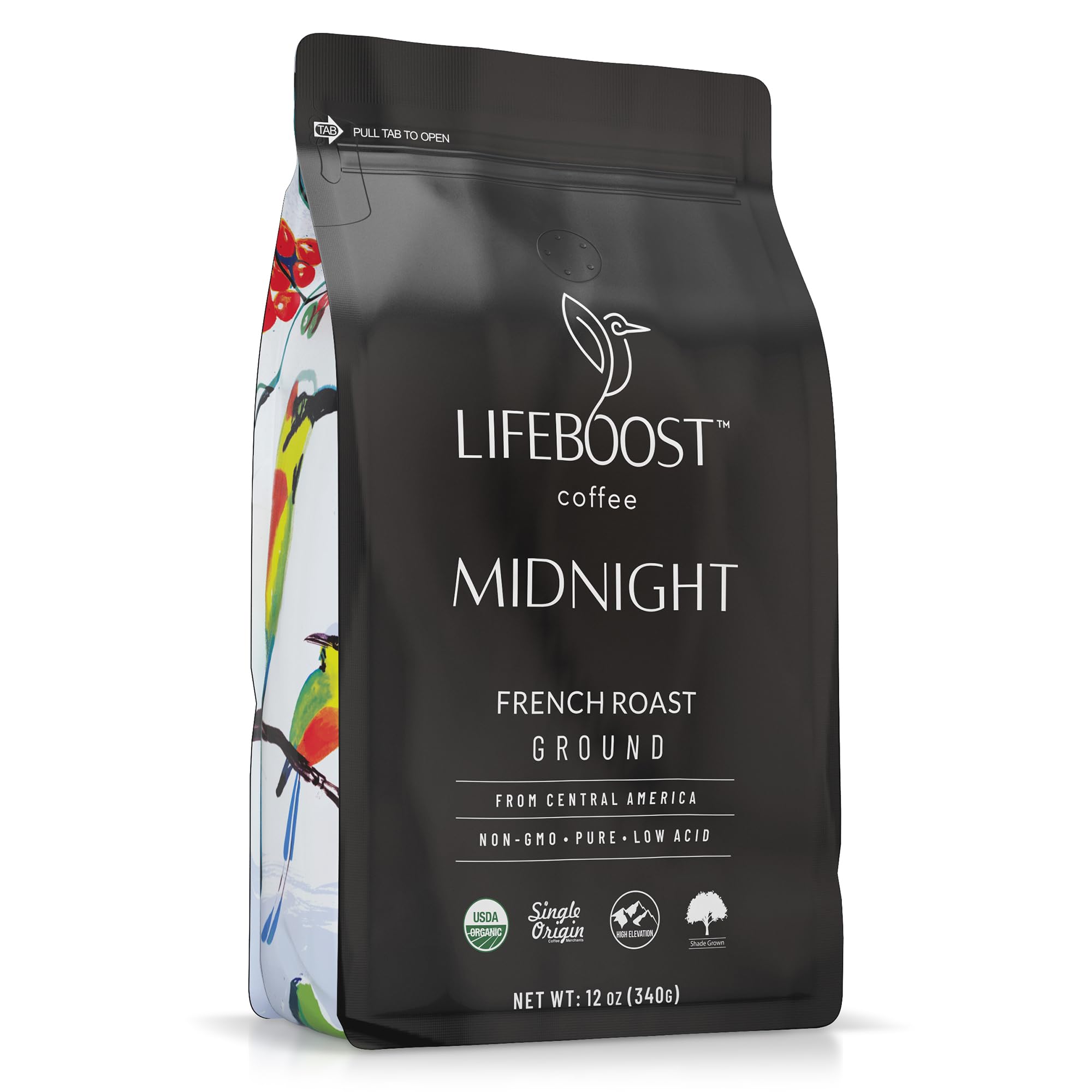 Lifeboost Midnight French Roast ground coffee bag with bold flavor potential