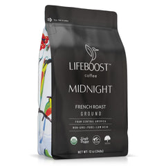 Lifeboost Midnight French Roast ground coffee bag with bold flavor potential