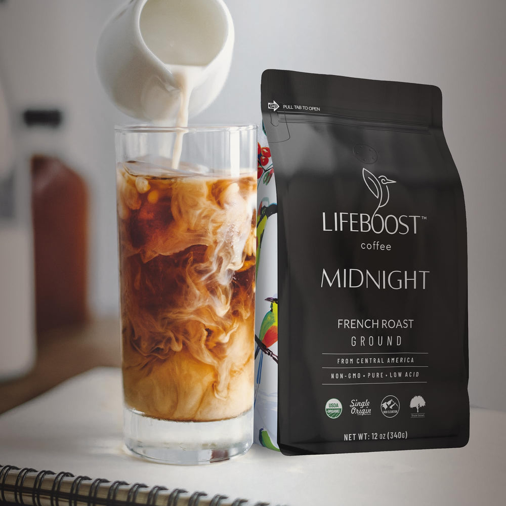 Lifeboost Midnight French Roast ground coffee cup with rich morning aroma