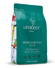 Lifeboost organic coffee beans in medium roast for a smooth, well-balanced cup.