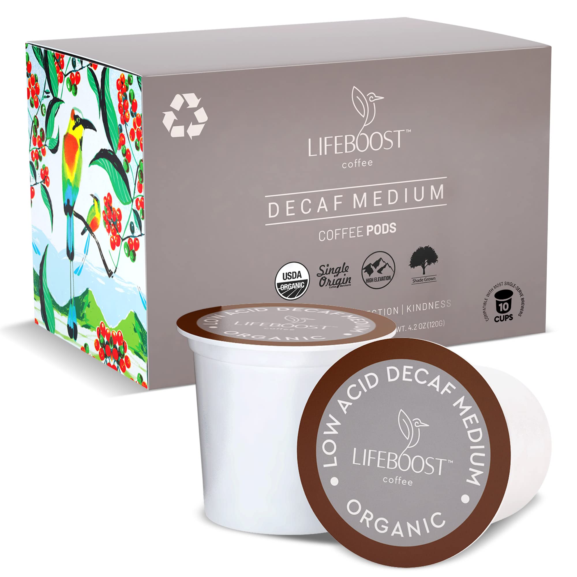 Lifeboost Organic Decaf Coffee K-Cup packaging showcases sustainable sourcing and freshness.