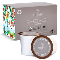 Lifeboost Organic Decaf Coffee K-Cup packaging showcases sustainable sourcing and freshness.