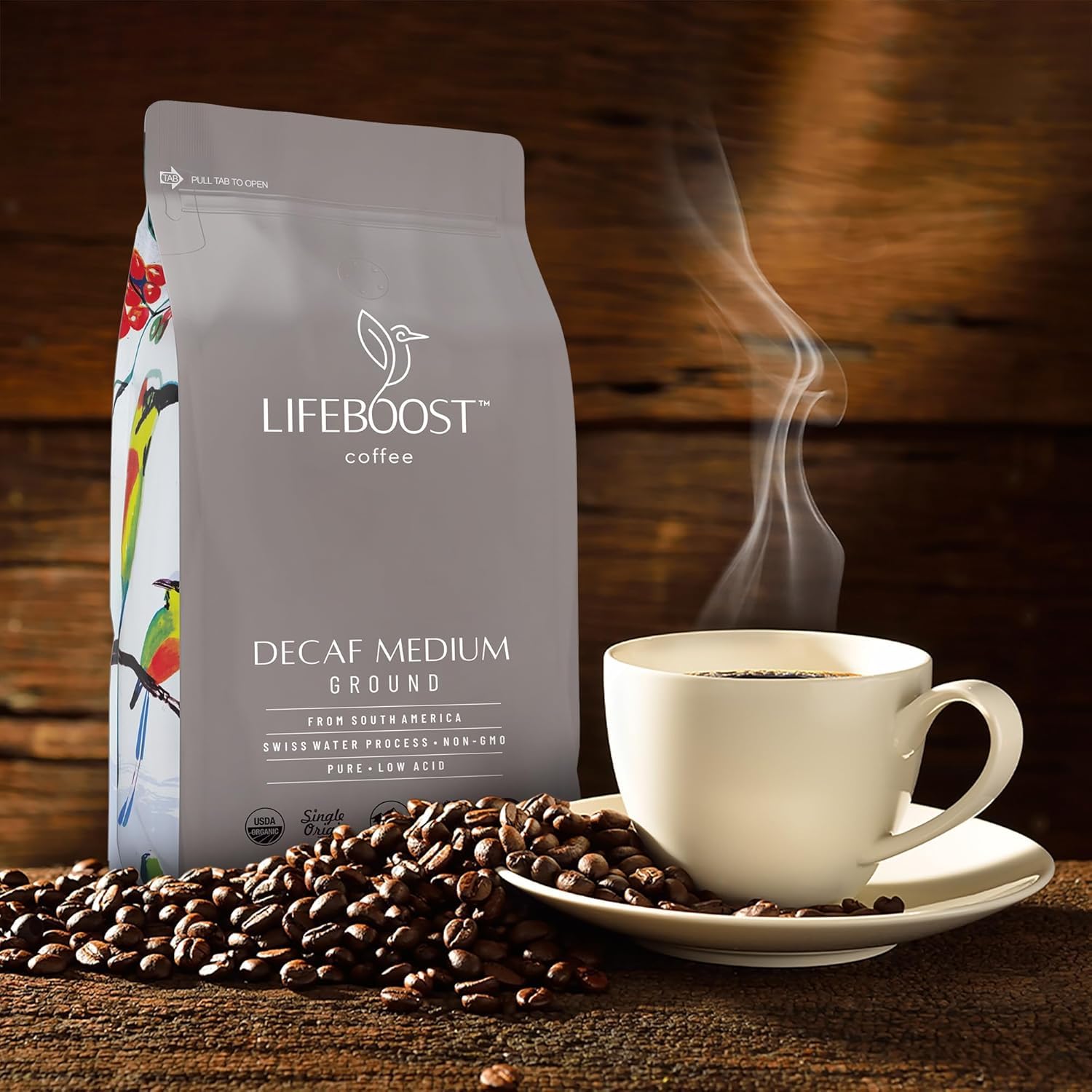 Lifeboost organic decaf label showing certifications for purity and ethical sourcing